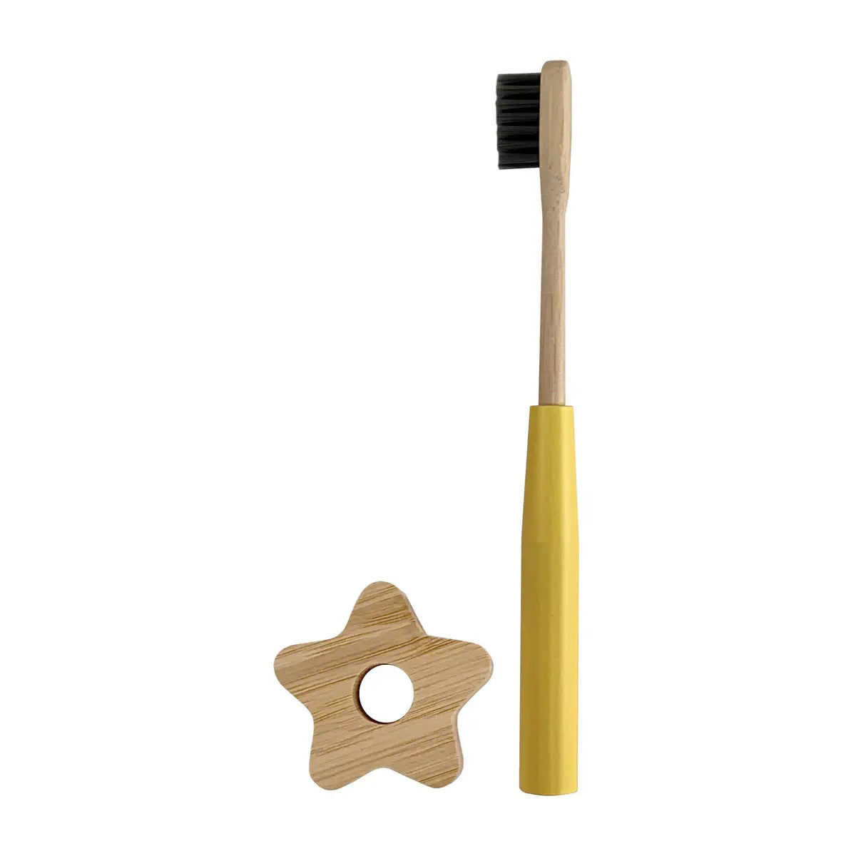 children toothbrush + wooden holder - yellow
