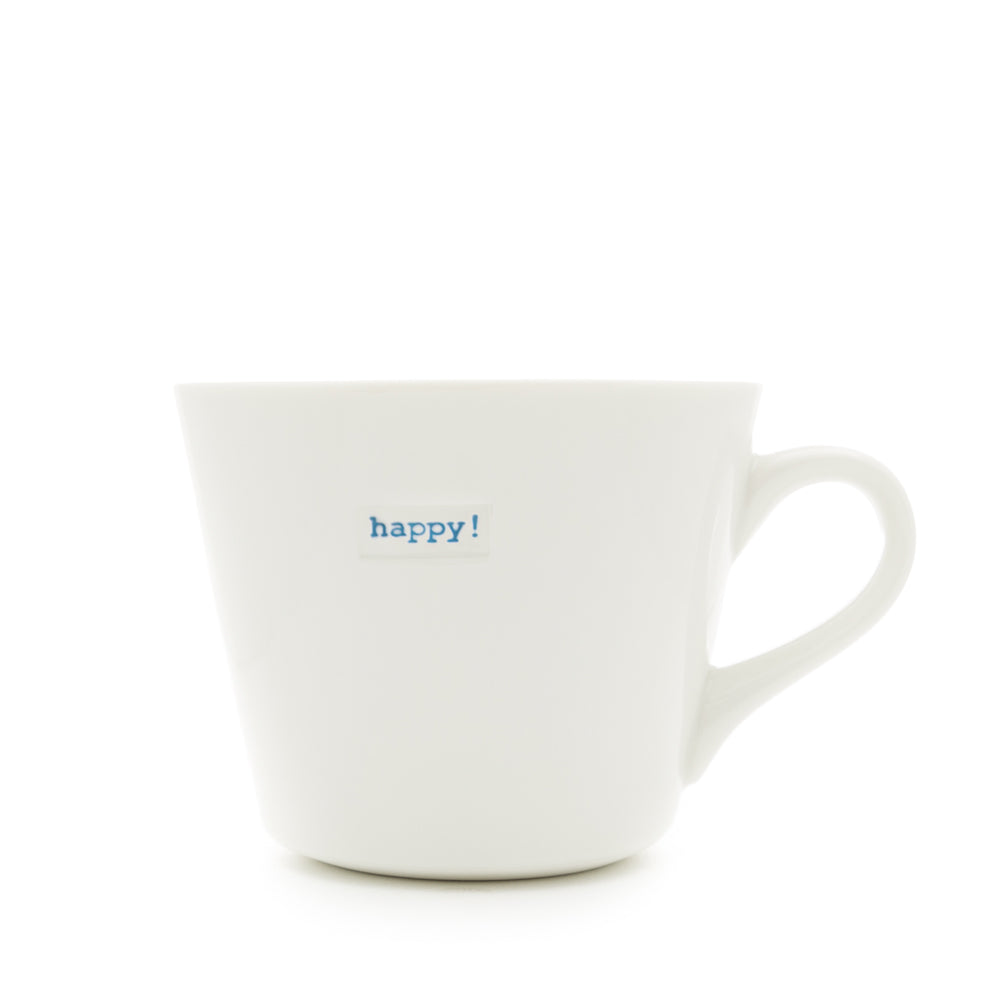 Keith Brymer Jones - Word Range - Standard Ceramic White Mug - happy! (blue) - 350ml - Gift Boxed