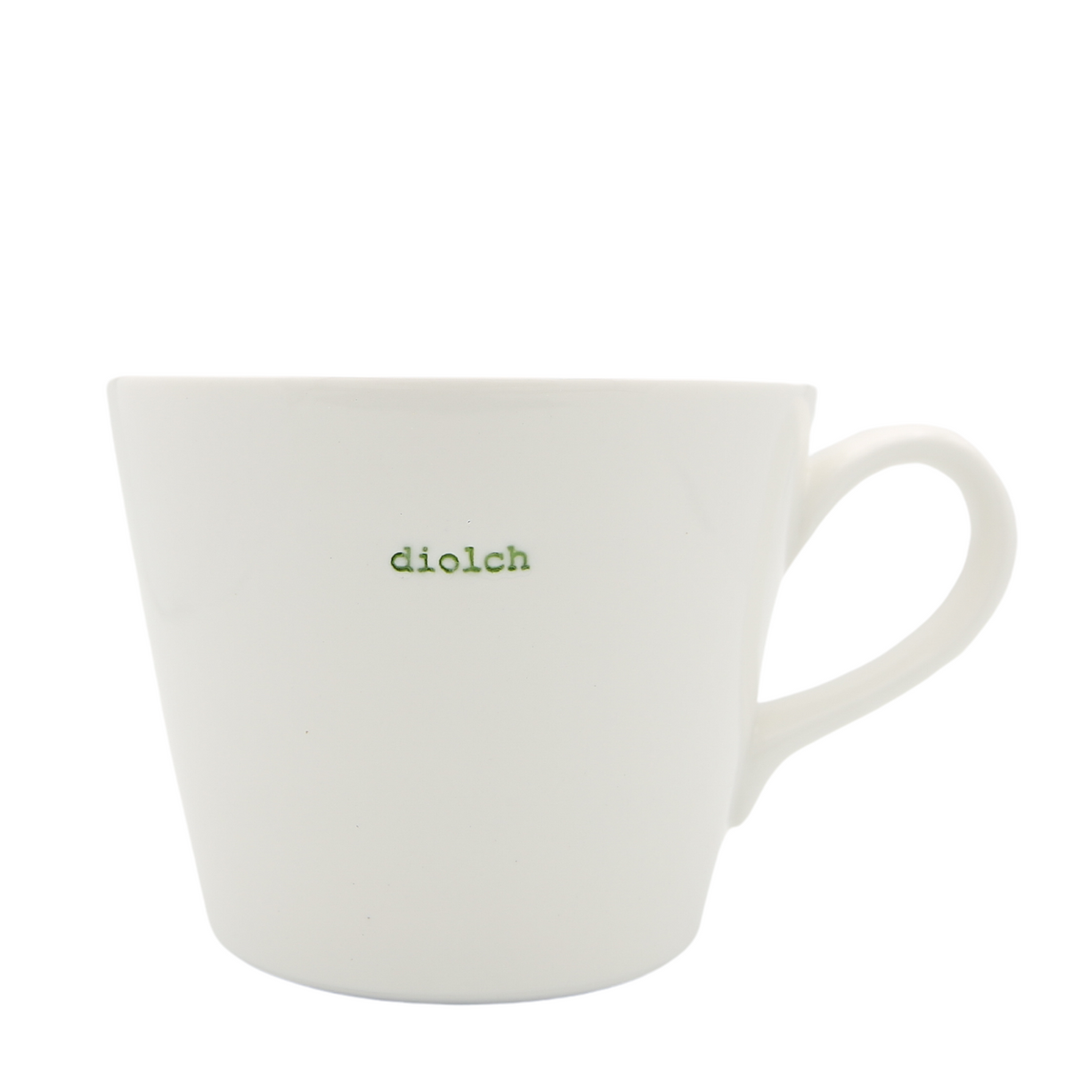 Keith Brymer Jones - Welsh/Cymraeg Word Range - Standard Ceramic White Mug - diolch (green) - 350ml - Gift Boxed