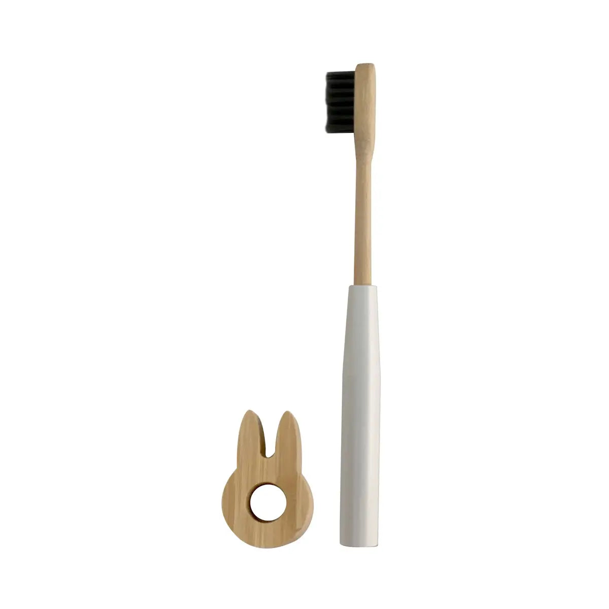 children toothbrush + wooden holder - white