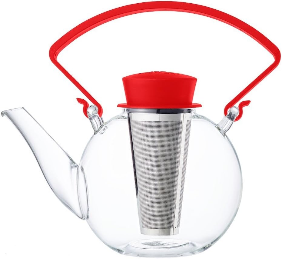 Glass teapot with clip handle & stainless steel filter - Red