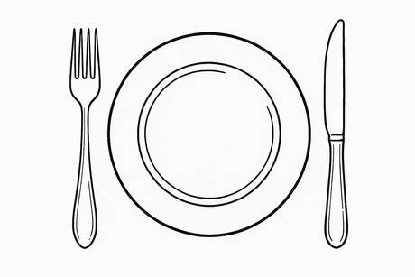 Black and white line drawing of a knife and fork and dinner plate