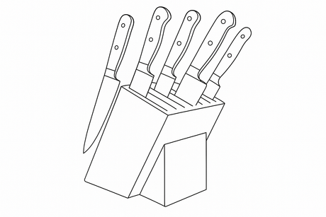 black and white line drawing of a knife block