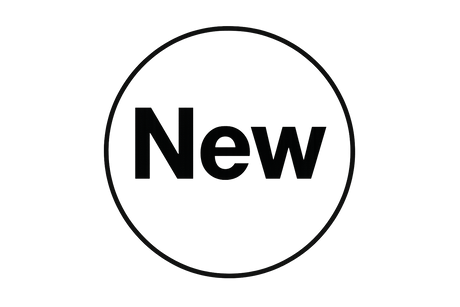 Black and white line drawing of the word New in a black circle