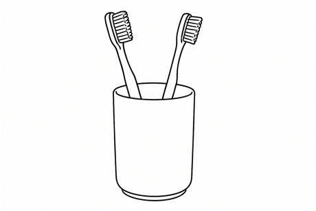 Black and white line drawing of two tooth brushes in a mug without a handle